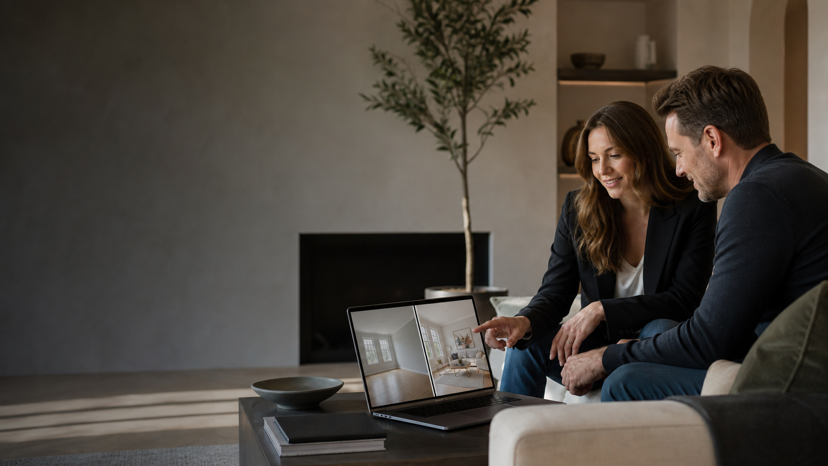 Real estate agent and client reviewing a virtually staged listing
