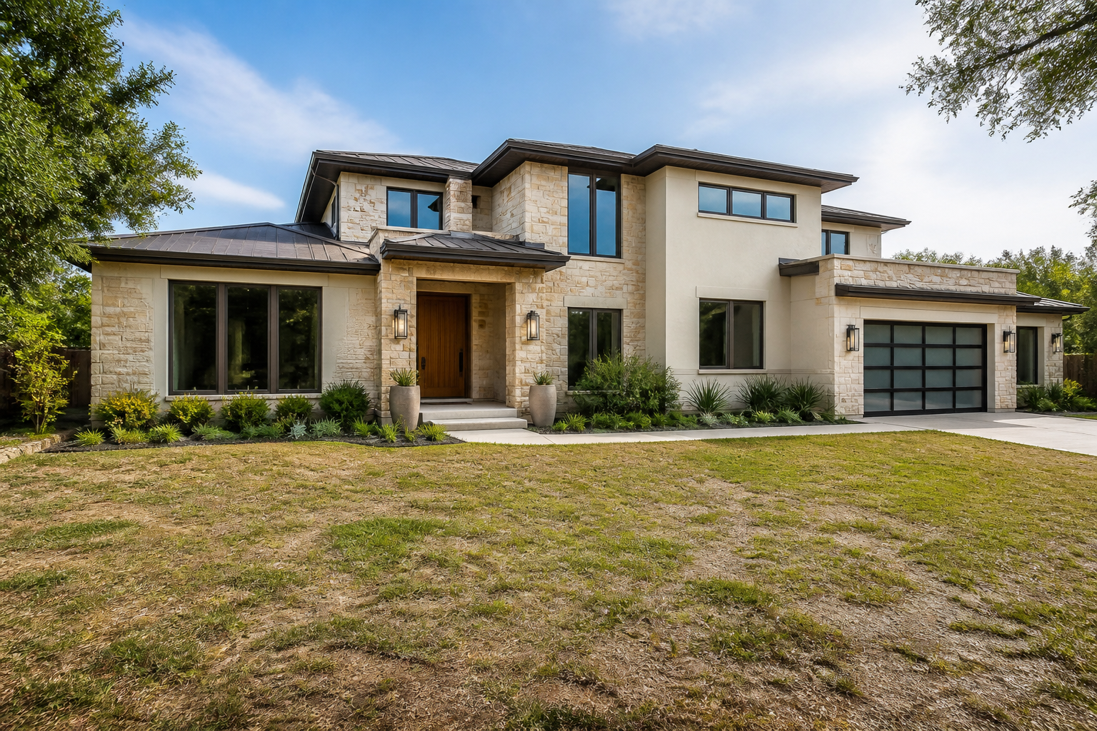 Luxury home with a tired lawn before lawn repair
