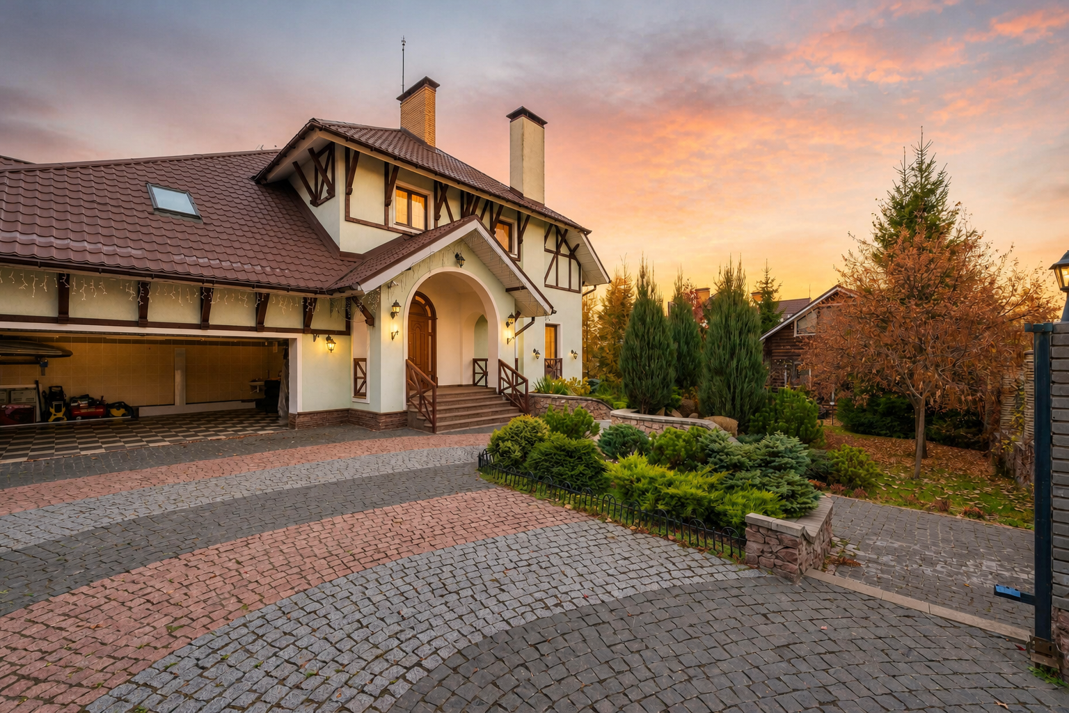 Same house exterior in bright twilight generated with the production API