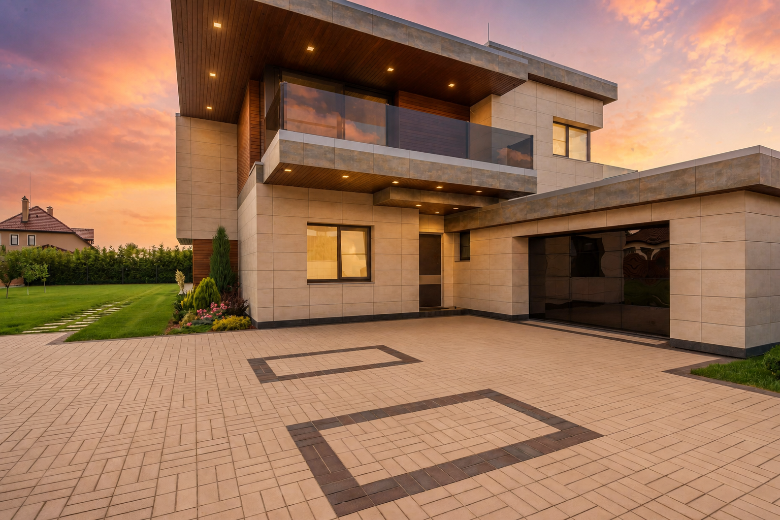 Same modern home exterior in bright sunset twilight generated with the production API